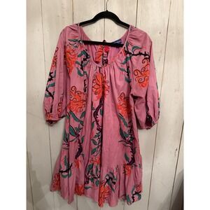 Ro's Garden Cotton Dress Anthropologie Pink Floral Puff Sleeve Boho Preppy Sz-M